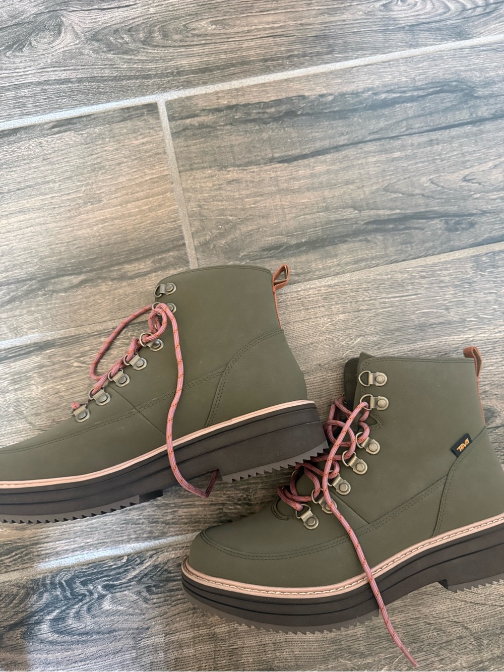 Teva Olive Green Lace-Up Platform Boots with Pink Laces